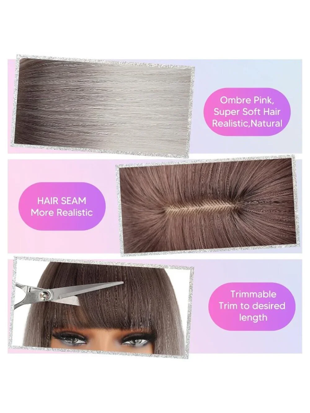 Women's Brown White 11 Inch Heat Resistant Synthetic Short Straight Wigs Bangs